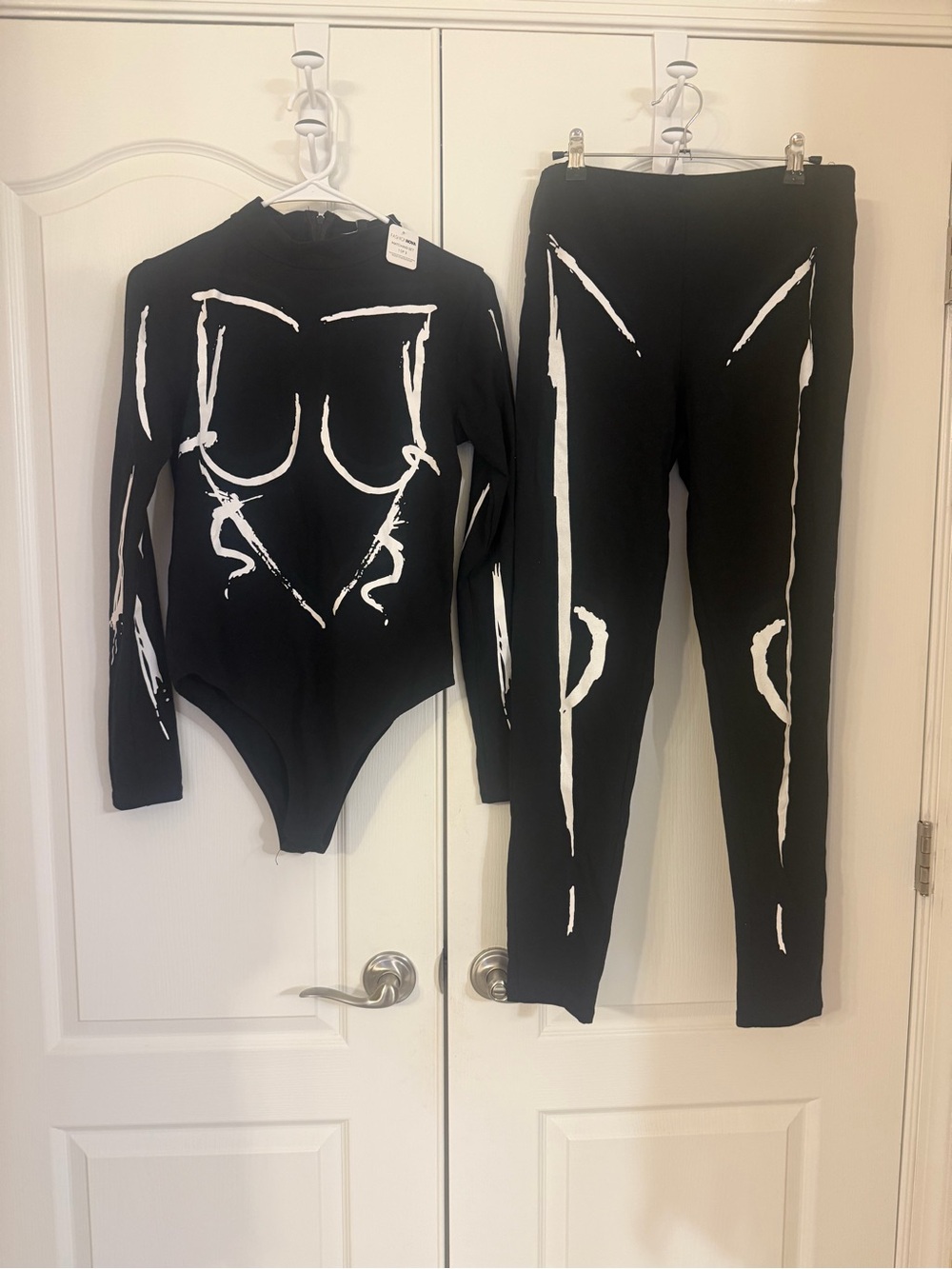 Fashion Nova Black Two-Piece bodysuit Set with White Graphic Accents stretch NWT